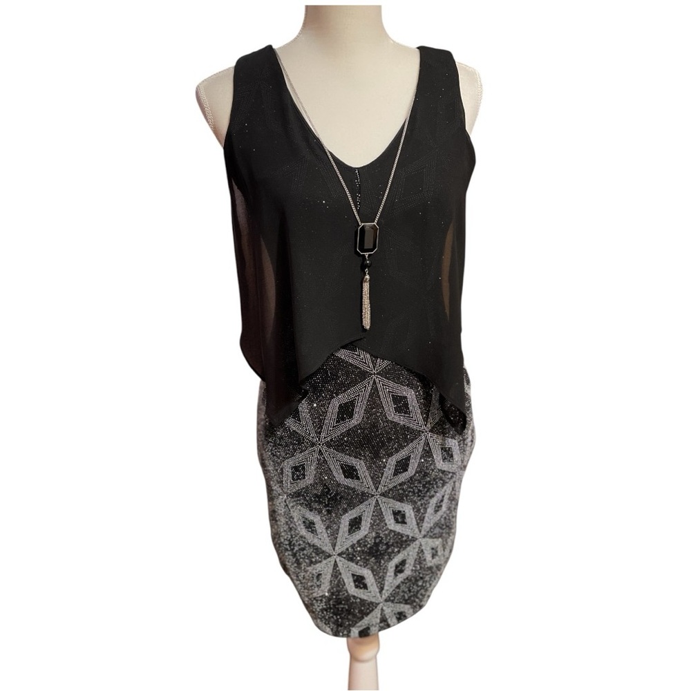 IN San Francisco Necklace Mini Dress Juniors Black Silver Glitter Metallic Small